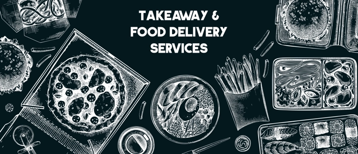 Takeaway and food delivery frame. Hand drawn vector illustration on chalkboard. Takeout food in paper box, fast food menu design. Pizza, burger, coffee, noodles, poke, sushi sketch